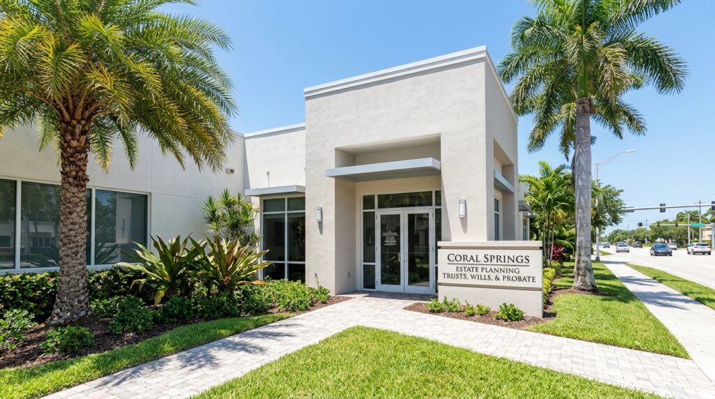 Professional law office building exterior in Coral Springs Florida serving Broward County estate planning clients.