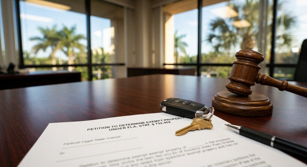 Petition to determine exempt property under Florida Statute 732.402 protecting a deceased person's car and household furniture from estate creditors in Coral Springs, FL.