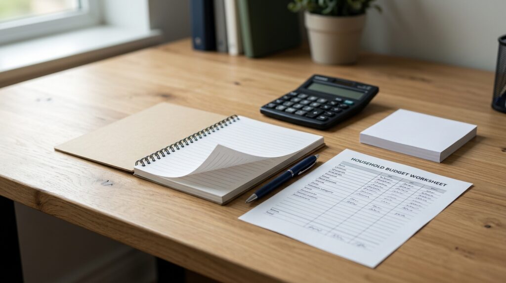Household budget notes and calculator illustrating financial planning during probate.