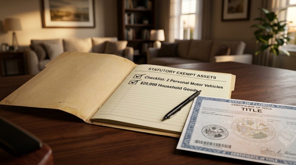 Legal schedule detailing the exemption of two personal motor vehicles and $20,000 in household goods under Florida probate law.