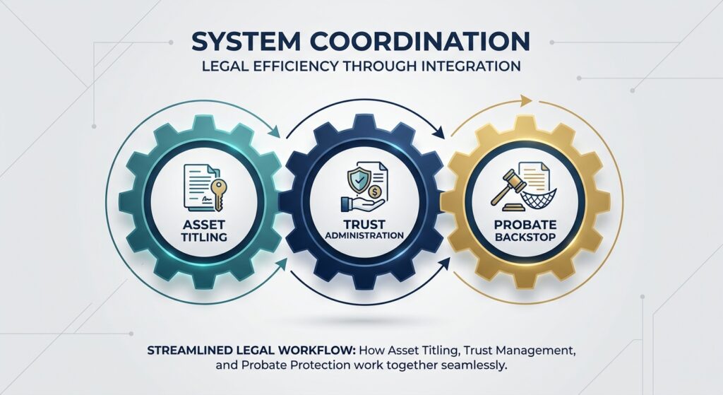 Infographic illustrating how wills, trusts, and asset titles integrate into a unified estate planning system