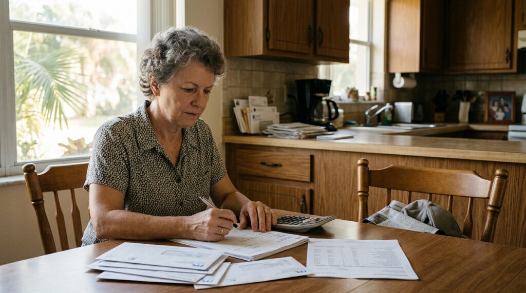 Surviving spouse reviewing household expenses while awaiting access to estate funds.