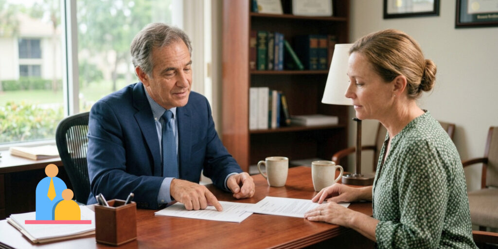 Florida attorney reviewing home foreclosure documents with a homeowner.