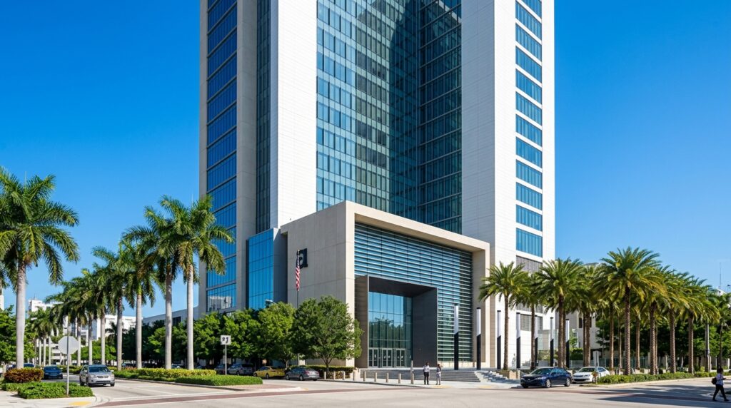 The modern Broward County Judicial Complex in Fort Lauderdale Florida representing local probate jurisdiction.