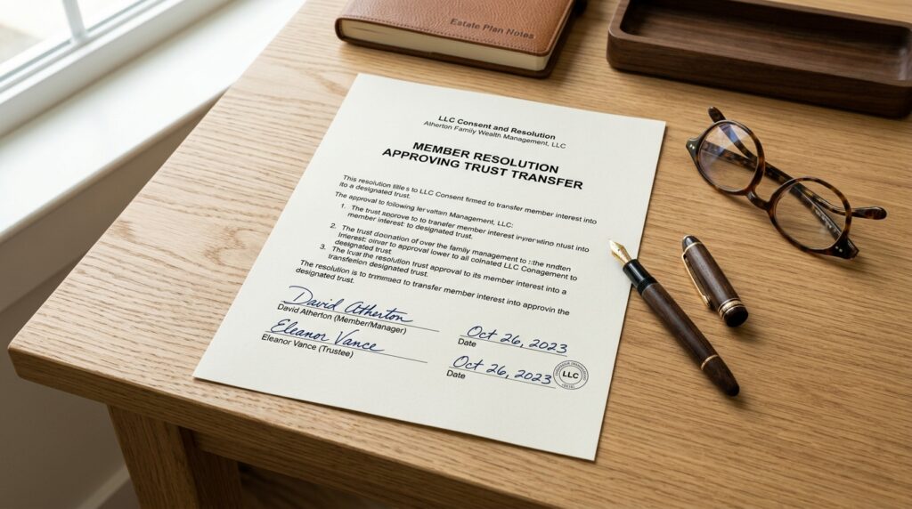 Member resolution and corporate consent document approving the transfer of LLC units to a living trust in Florida.
