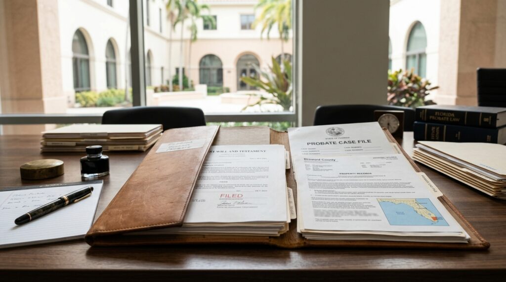 Florida probate process documents and estate administration materials on a legal desk
