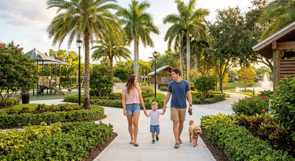 A peaceful Coral Springs community park with tropical palm trees representing family living in Broward County.