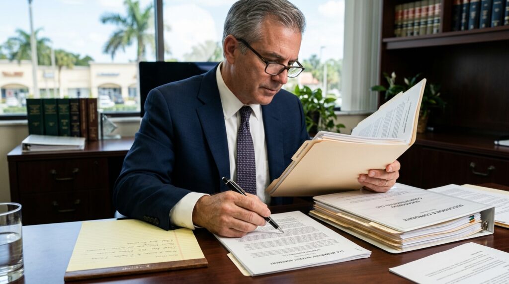 Business owner consulting with an attorney about trust and succession planning in Broward County, Florida.