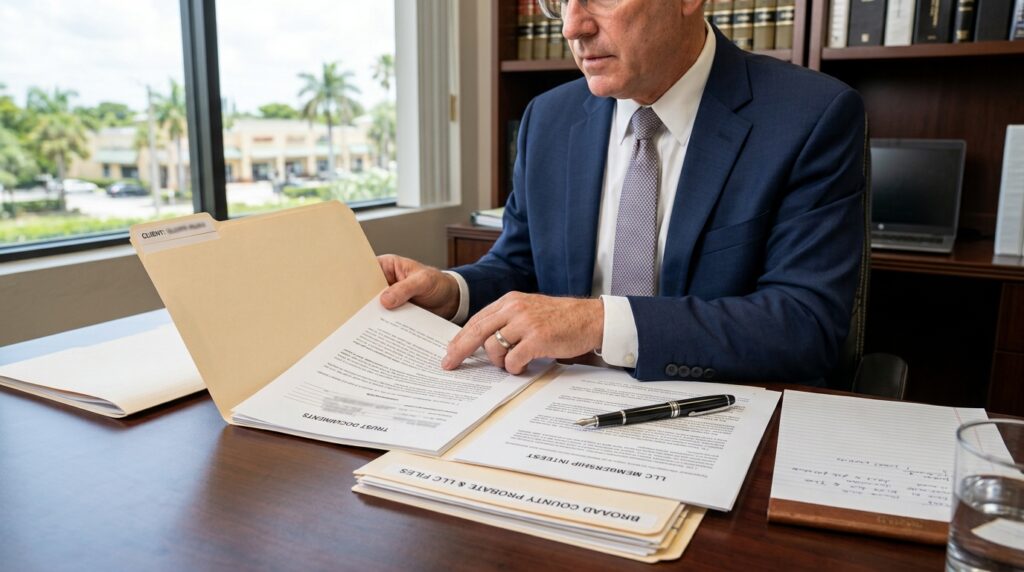 Attorney reviewing trust funding documents and business ownership records for a Florida business succession plan.