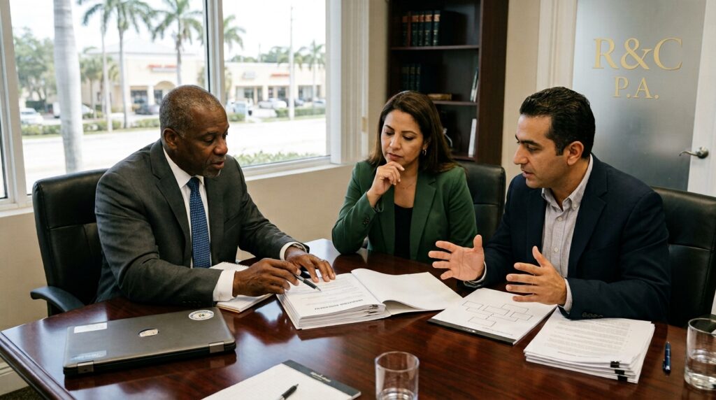 Attorney reviewing LLC ownership and management documents with business owners in Broward County.