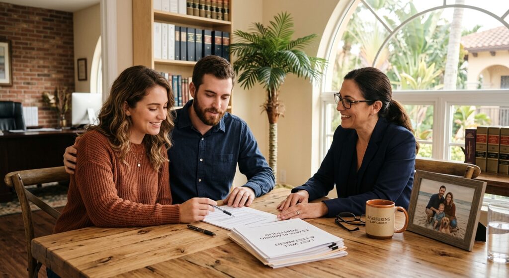 Florida parents reviewing and signing a preneed guardian designation in a South Florida estate planning law office.