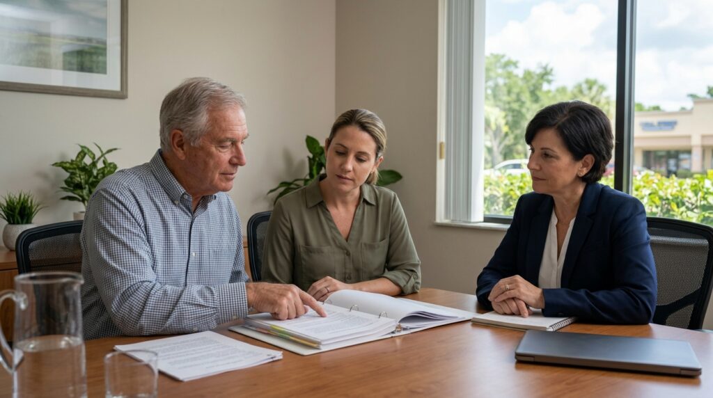 Family business owner discussing succession arrangements with an adult daughter and legal advisor in South Florida.