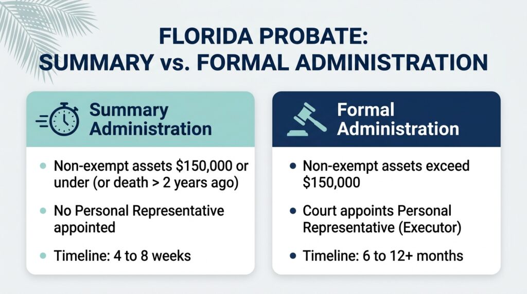 An infographic comparing Florida Summary Administration and Formal Administration eligibility rules, $150,000 asset limits, and court timelines under Florida probate law.