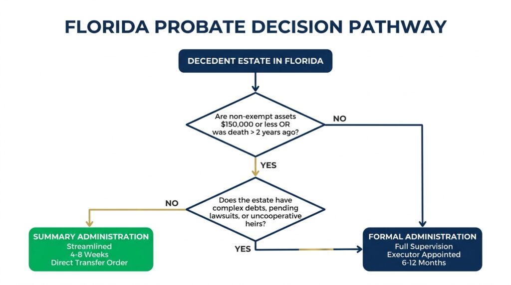 A flowchart diagram illustrating how to determine whether a Florida estate qualifies for Summary Administration or requires Formal Administration.