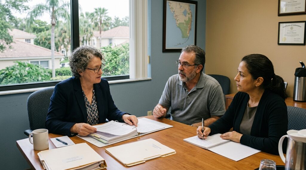 Community association attorney reviewing HOA governing documents with board members in Coral Springs, Florida