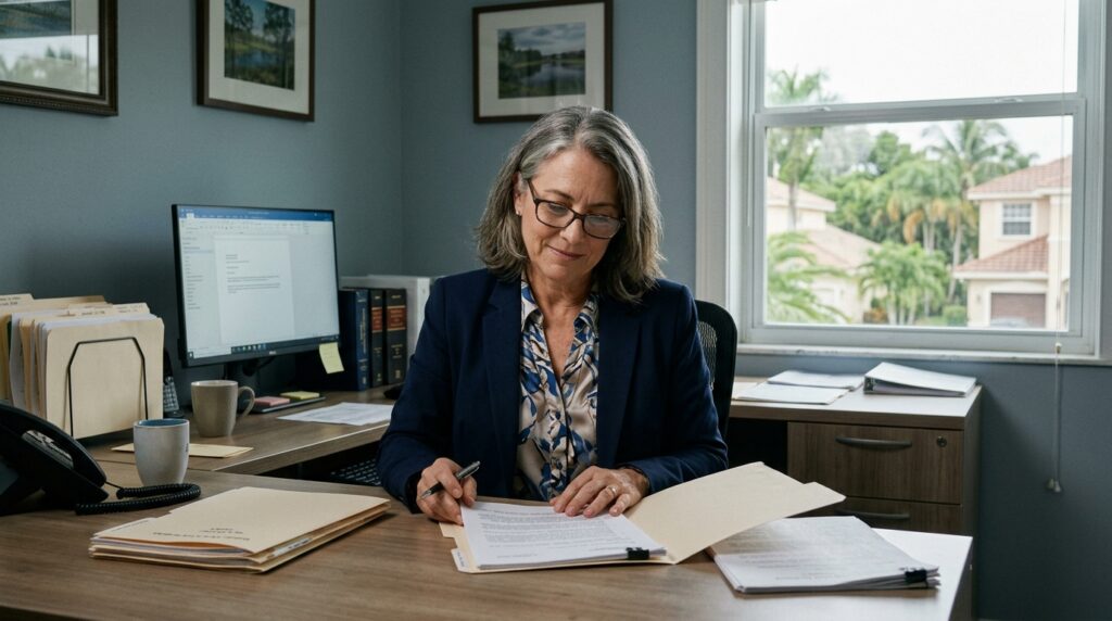 Florida attorney reviewing community association legal materials in a Coral Springs law office.