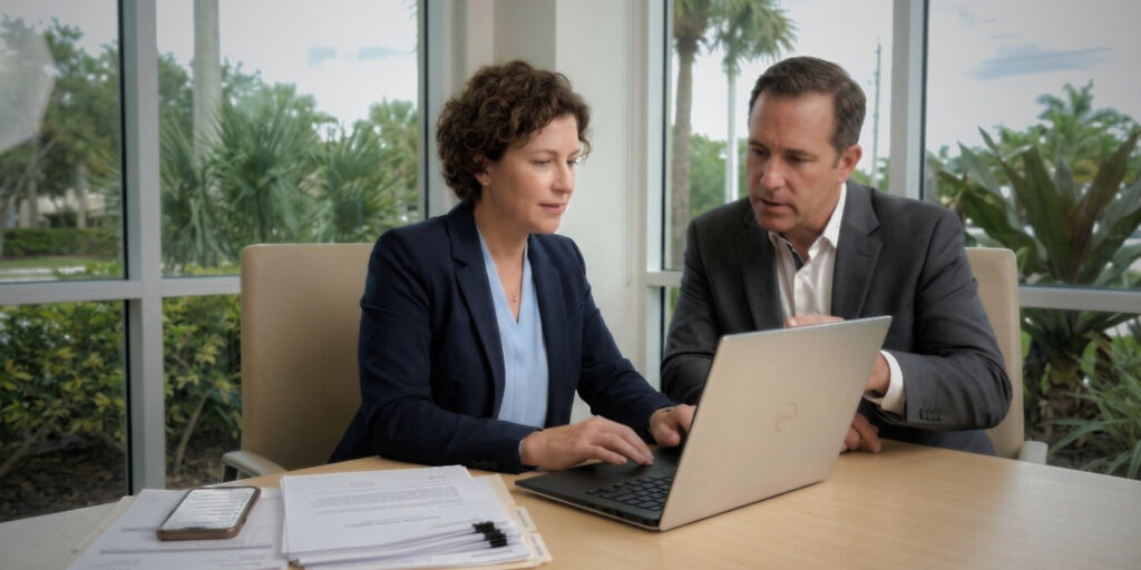Business owner reviewing an electronic contract and signature in South Florida.