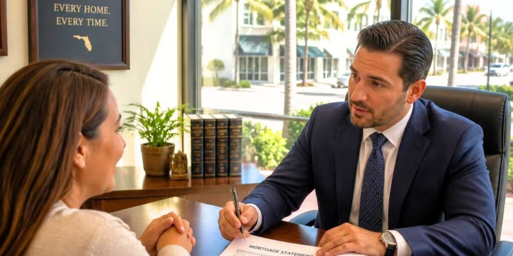 Florida foreclosure defense attorney reviewing mortgage documents and loan modification options in a South Florida law office.
