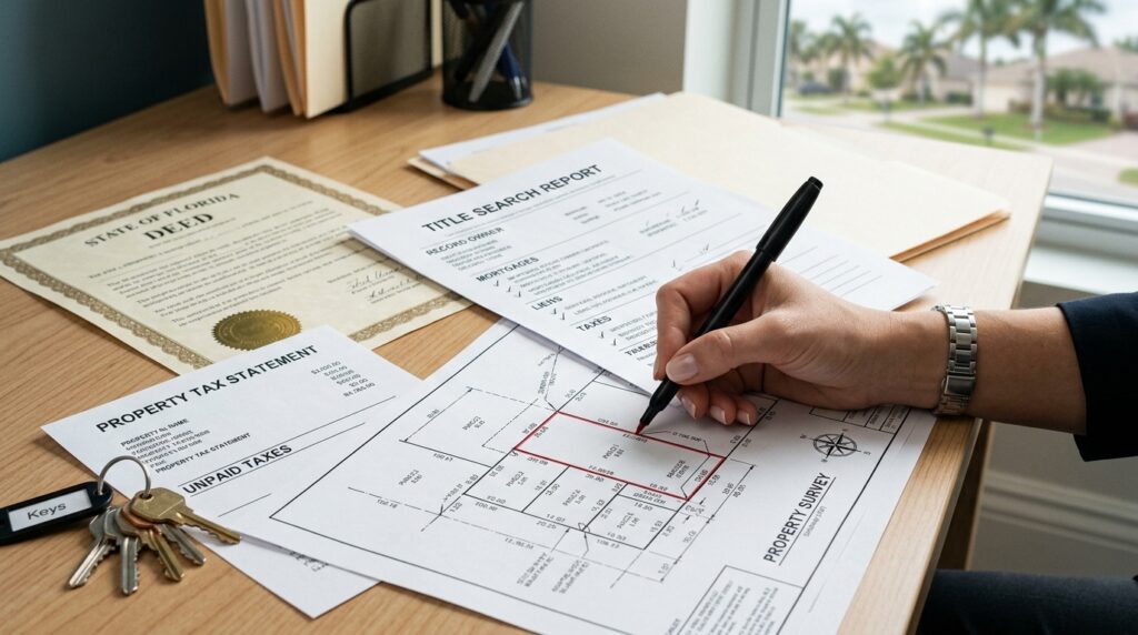 Property title documents and tax records being checked before buying inherited Florida real estate.