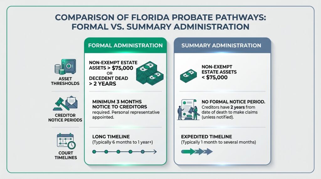 Infographic comparing formal probate administration and summary administration pathways under Florida law.