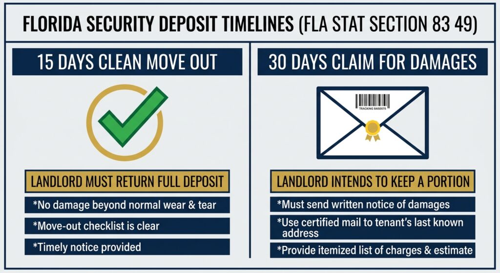 Infographic displaying Florida statutory security deposit return deadlines: 15 days for full refunds and 30 days for Certified Mail damage claims under Fla Stat 83 49.