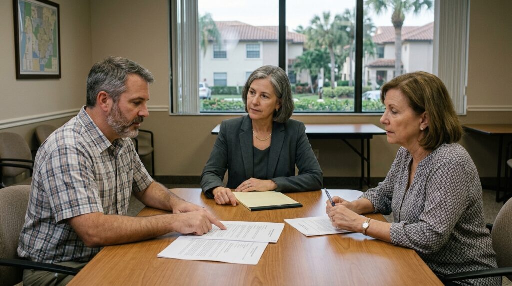Community association attorney discussing an HOA dispute with a homeowner and board representative in Coral Springs, Florida.