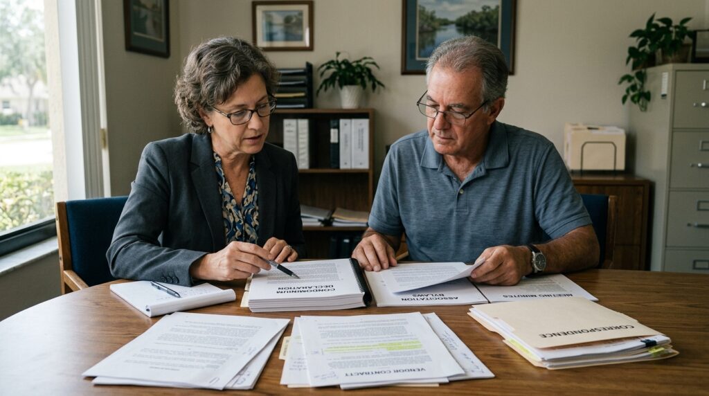 HOA governing documents, meeting minutes, and contracts prepared for an attorney review in Broward County, Florida.