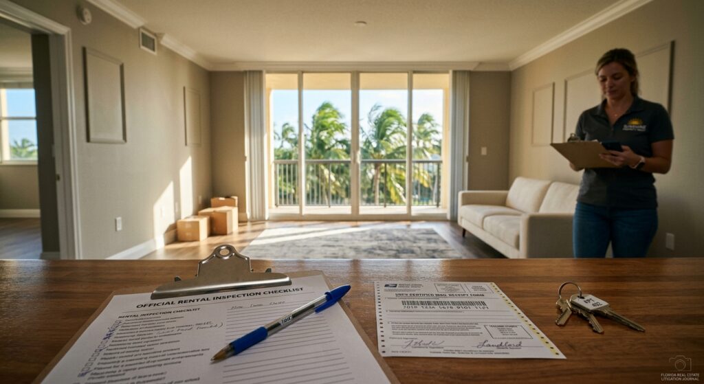 Rental property move out inspection checklist sitting next to a Certified Mail receipt and tenant keys in a South Florida residential apartment.