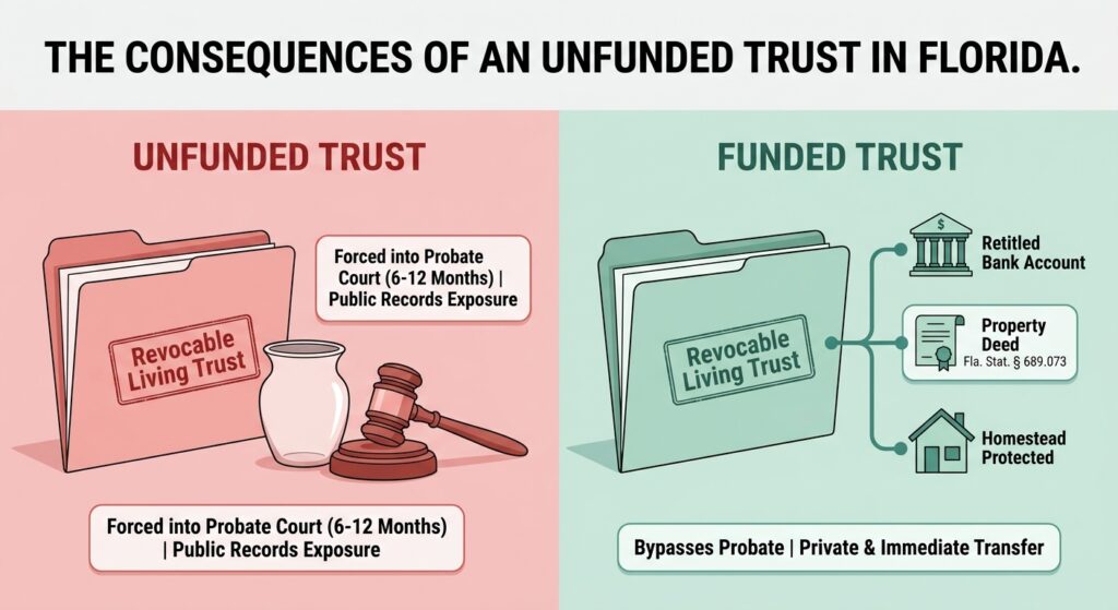 Illustration comparing a fully funded Florida revocable trust avoiding probate versus an unfunded trust forcing probate court administration in Broward County.