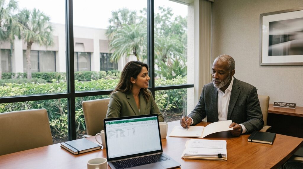 Business debt collection attorney meeting with a Coral Springs business owner