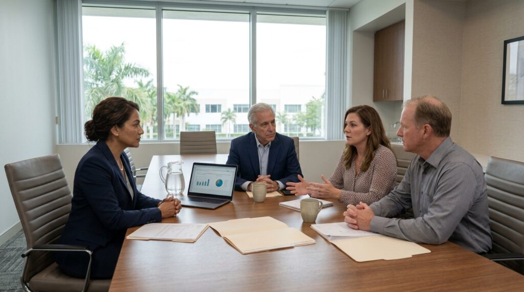 arbitration meeting for a Florida business dispute with an attorney and arbitrator