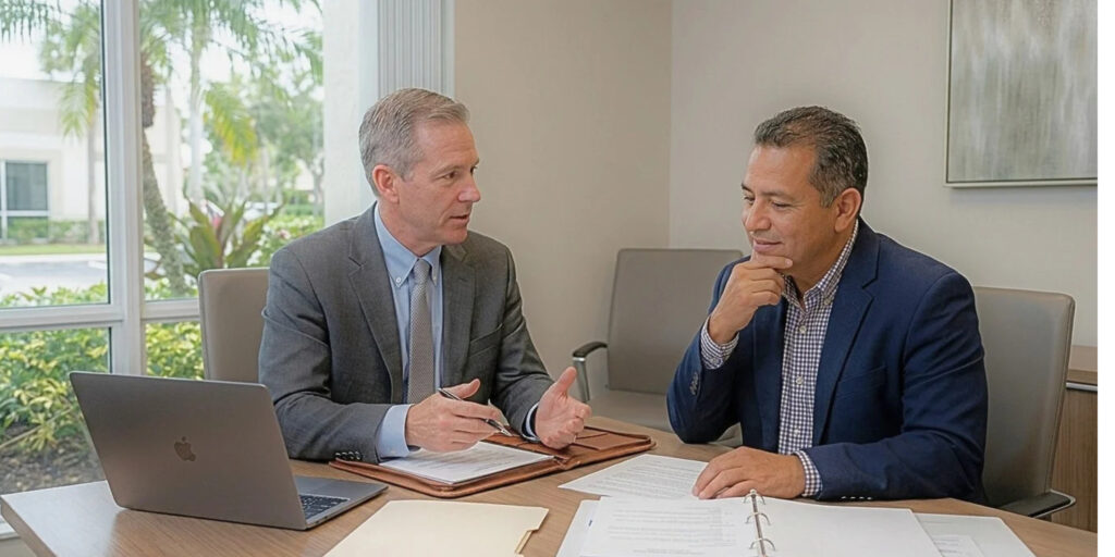 Business succession planning attorney meeting with a business owner in Coral Springs, Florida