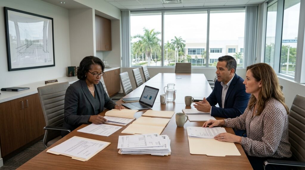 Commercial litigation attorney reviewing business debt evidence in Broward County