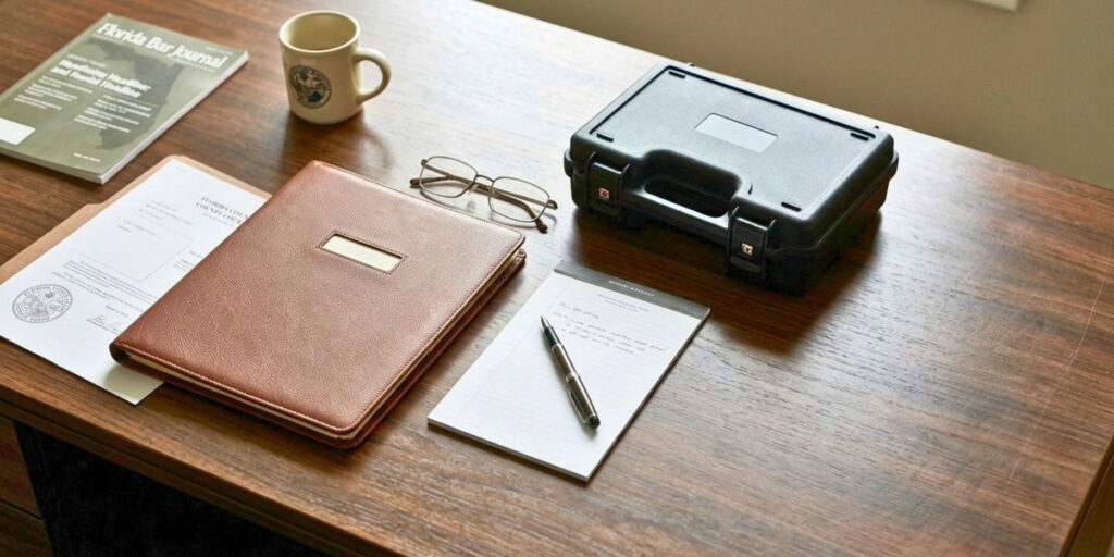 Florida guardianship and firearm rights documents on an attorney's desk.