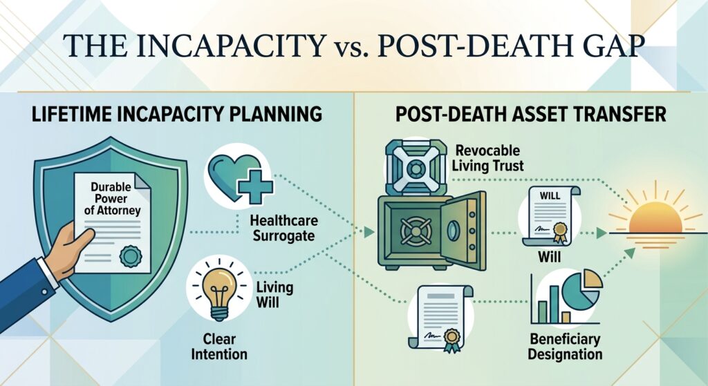 An infographic illustration distinguishing between critical estate planning pathways for managing incapacity during life (directives, power of attorney) and transferring assets after death (wills, trusts) under Florida law.
