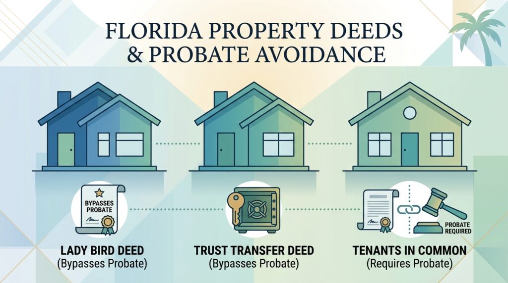An illustrative visual guide comparing Florida property deeds including Lady Bird Deeds, Quitclaim Deeds, and Trust Transfer Deeds for probate avoidance.