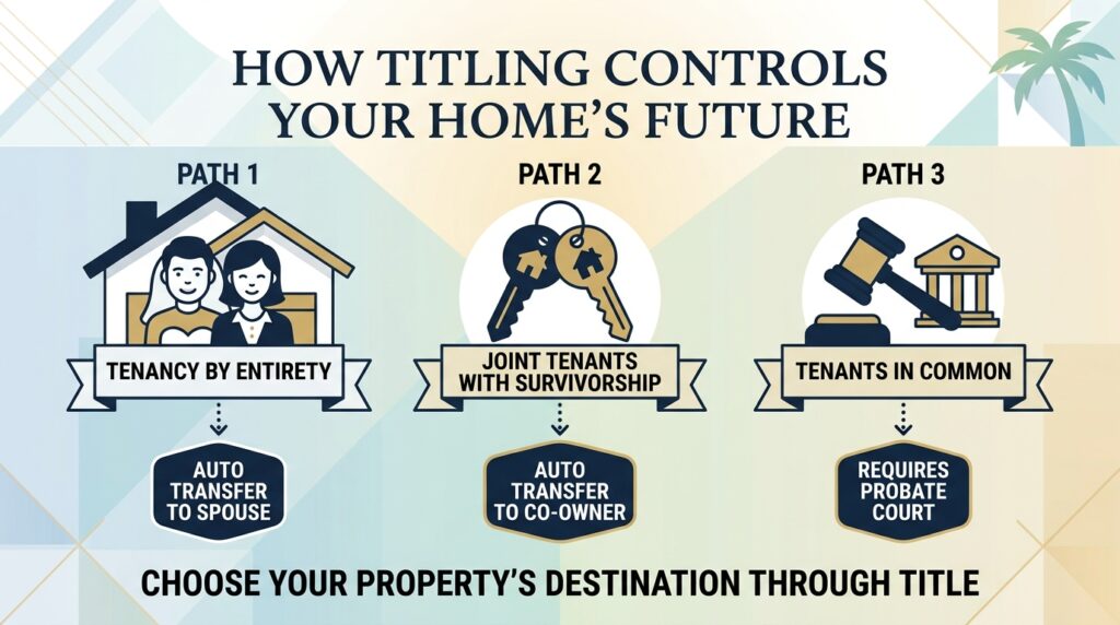An infographic diagram explaining how property titling structures like Joint Tenants with Right of Survivorship and Tenancy by the Entirety impact probate under Florida law.
