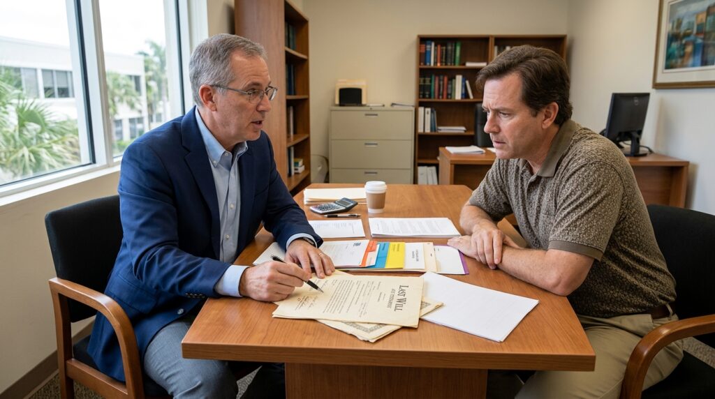 Estate planning attorney reviewing an existing will with a client in South Florida
