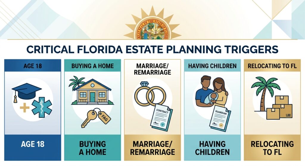 An illustrative matrix detailing critical life event triggers for Florida estate planning, including turning age 18, buying a home, marriage, and relocating to Florida.