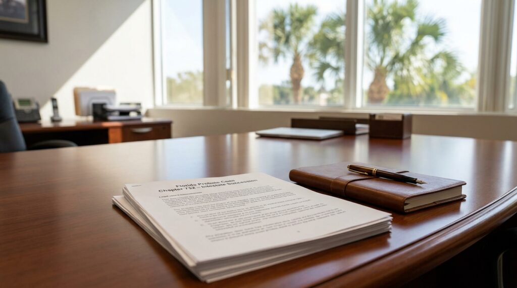 Modern law office desk in Coral Springs, Florida, reviewing Florida probate and intestate succession documents.