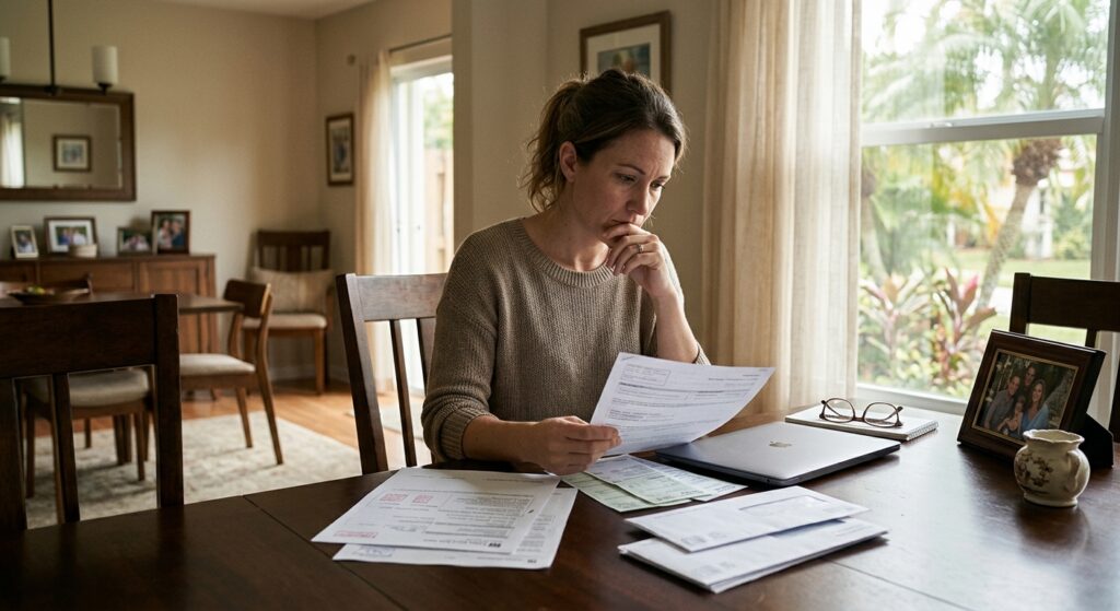 Adult child reviewing paperwork about a deceased parent's debts in Florida.