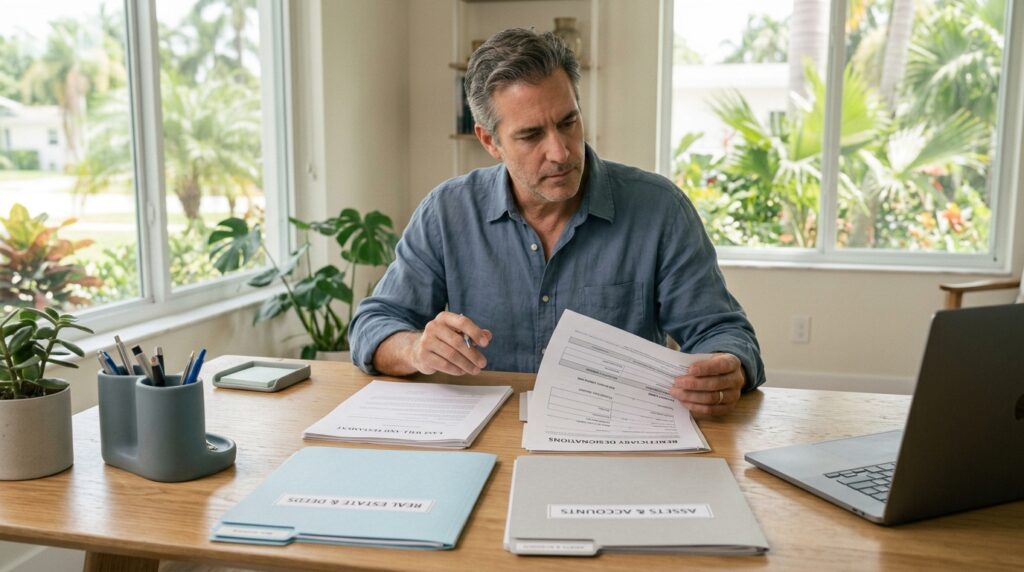 Person reviewing a will and beneficiary paperwork to check for estate planning gaps.