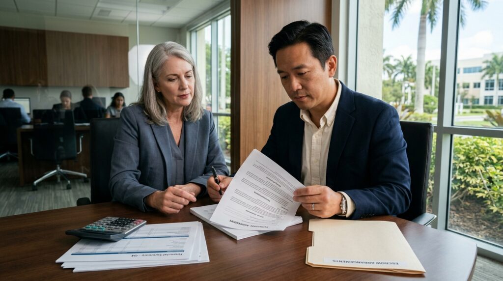 Buyer and legal adviser reviewing escrow terms and tax protections in a business purchase agreement.