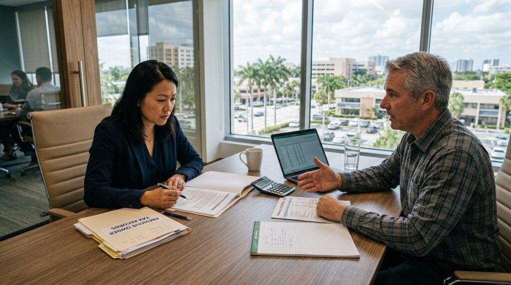 Buyer and seller reviewing financial records during a Florida business acquisition.