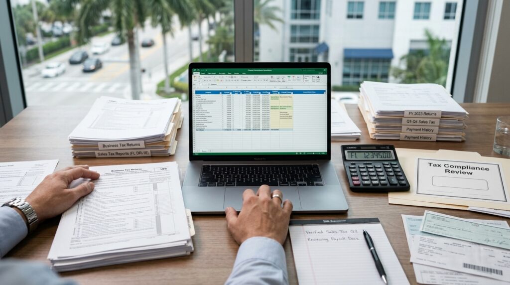 Business tax records being reviewed before a Florida Department of Revenue compliance check.