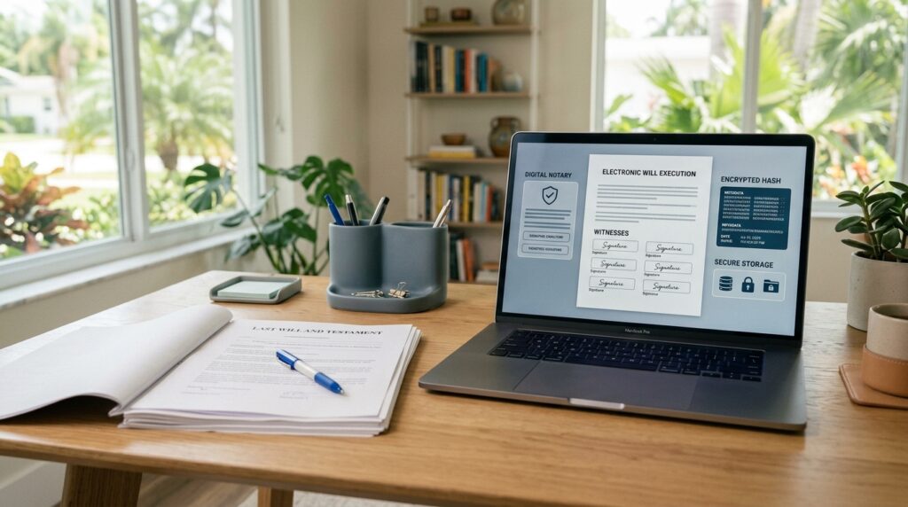 Printed will and laptop illustrating the difference between paper and electronic wills.