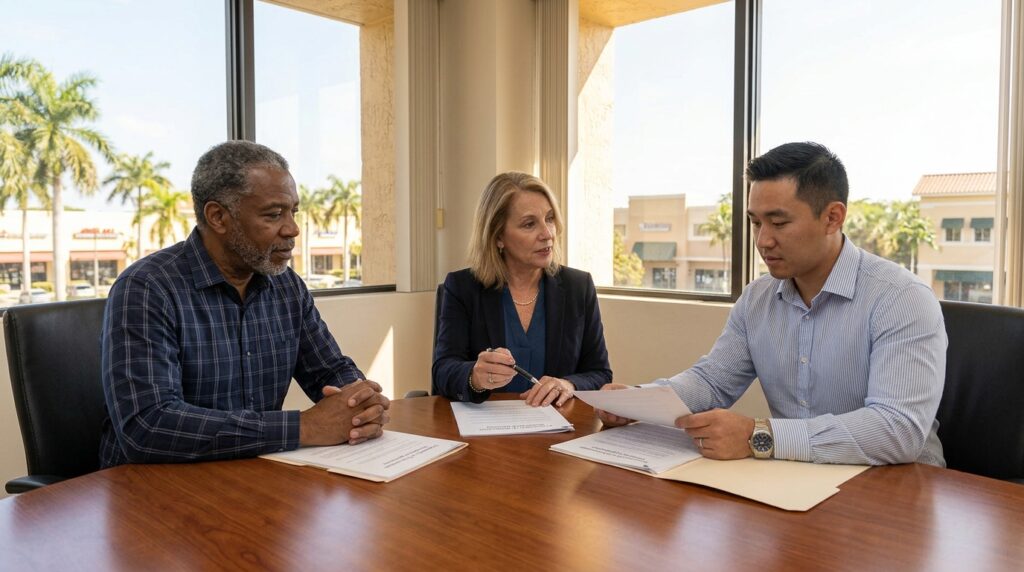 Business owners discuss an LLC ownership buyout with an attorney in Coral Springs, Florida.