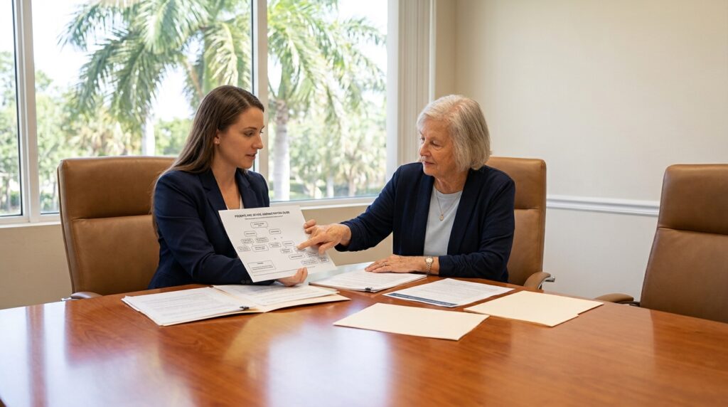 Probate attorney consulting with a client regarding Florida intestate succession and heirship determination.