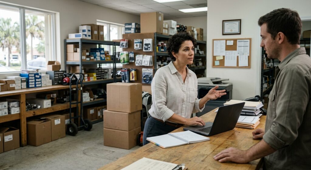Florida business owner reviewing company records in a small business office