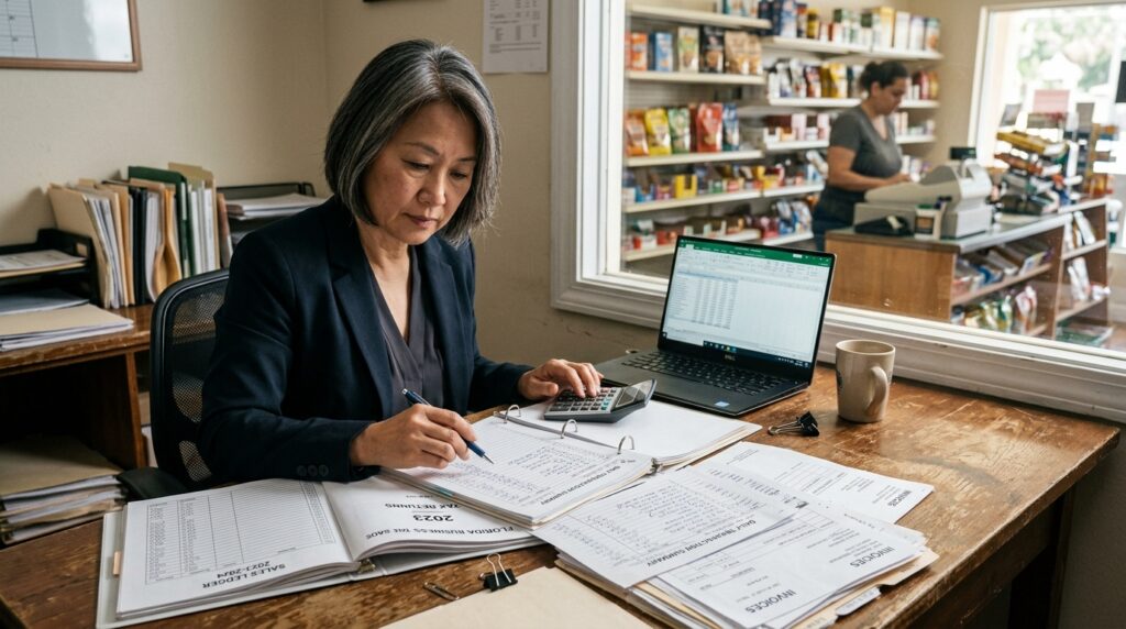 Accountant examining sales tax returns and business records for a Florida transferee liability audit.